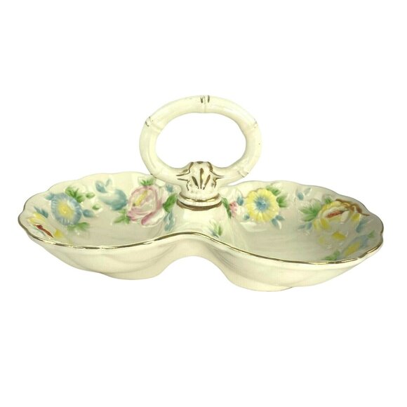 Vintage Double Trinket Tray  Olive Bowl Handle Porcelain Hand Painted Japan u - Picture 6 of 9